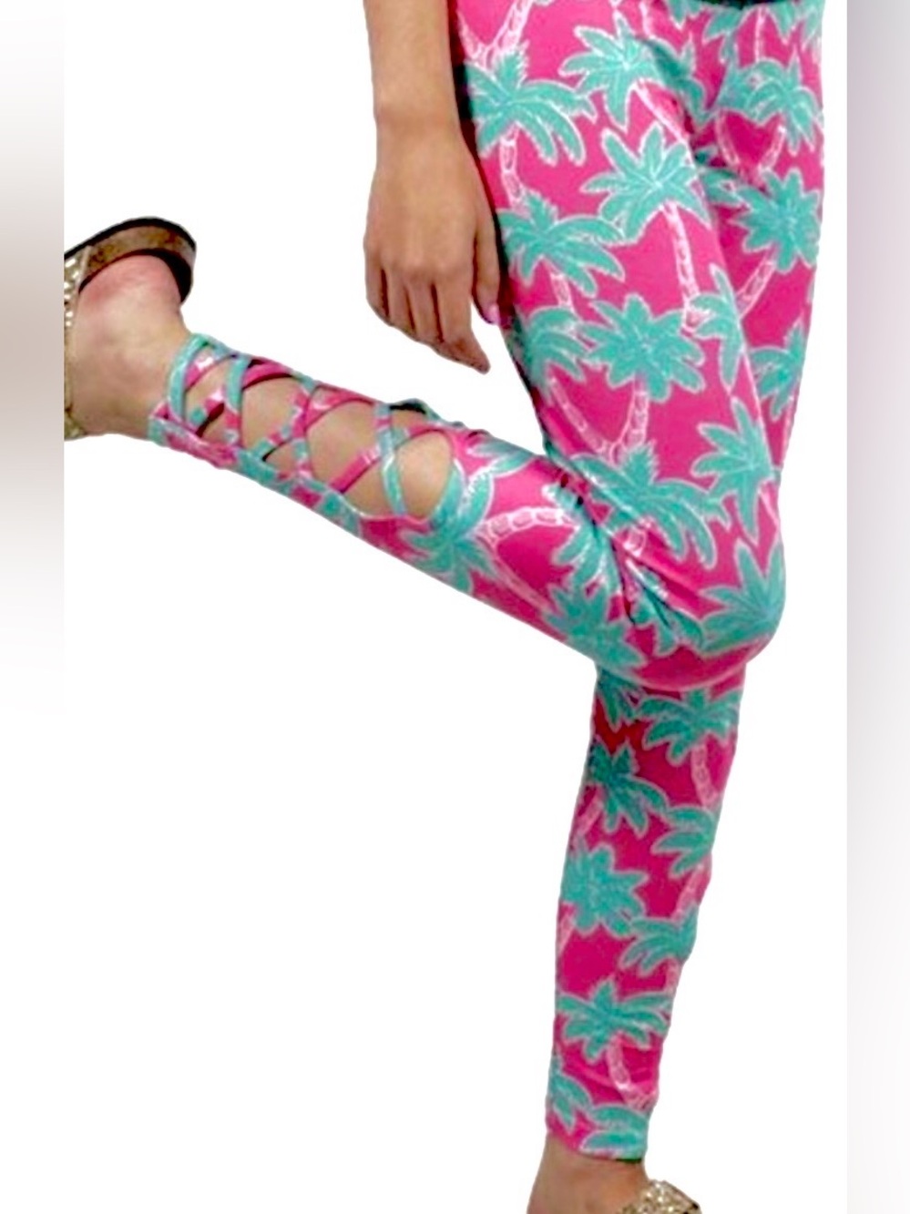 SIMPLY SOUTHERN WOMENS PINK/GREEN PALM TREES POLY SPANDEX LEGGINGS 1X Plus Size